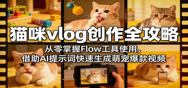 猫咪vlog创作全攻略：从零掌握Flow工具使用，借助AI提示词快速生成萌宠爆款视频-玻哥网络技术工作室