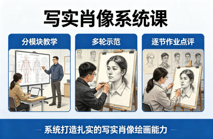 写实肖像系统课，全程分模块教学+多轮示范+逐节作业点评，系统打造扎实的写实肖像绘画能力-玻哥网络技术工作室