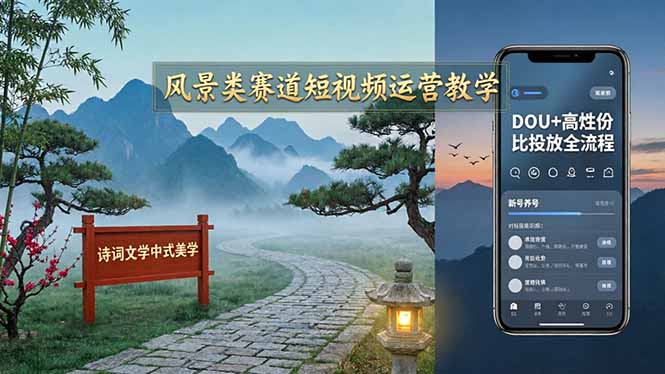 风景类赛道短视频运营教学：诗词文学中式美学，新号养号对标账号定位，DOU+高性价比投放全流程-玻哥网络技术工作室