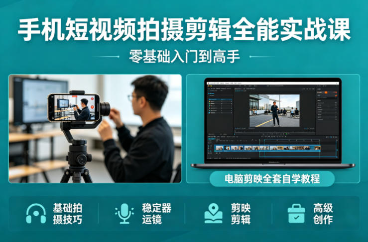 手机短视频拍摄剪辑全能实战课：零基础入门到高手，稳定器运镜+电脑剪映全套自学教程-玻哥网络技术工作室