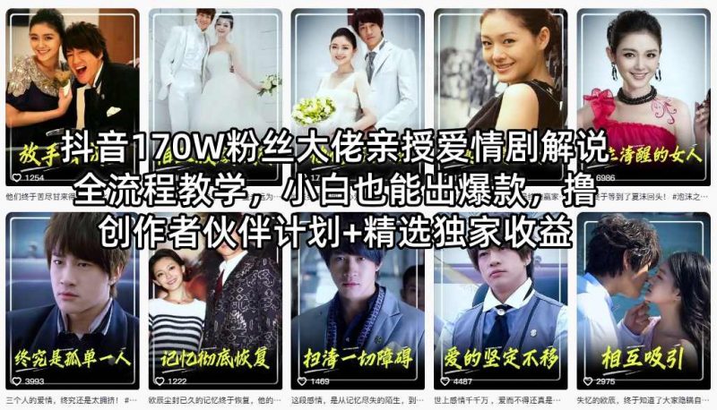 抖音170W粉丝大佬亲授爱情剧解说全流程教学，小白也能出爆款，撸创作者伙伴计划+精选独家收益-玻哥网络技术工作室