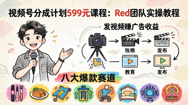 视频号分成计划599元课程：Red团队实操教程，发视频赚广告收益，八大爆款赛道全掌握-玻哥网络技术工作室