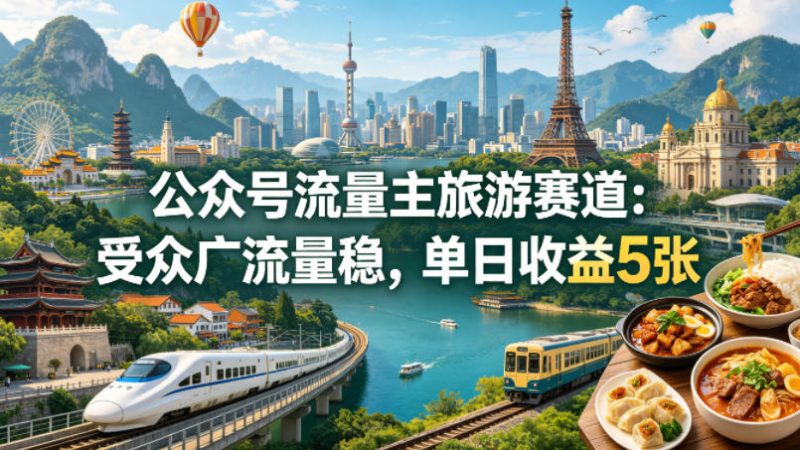 公众号流量主之旅游赛道，受众广+流量稳，平均单日收益5张+-玻哥网络技术工作室