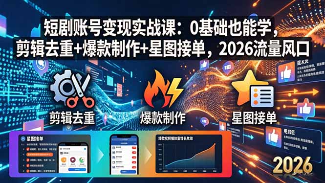 短剧账号变现实战课：0基础也能学，剪辑去重+爆款制作+星图接单，2026流量风口-玻哥网络技术工作室