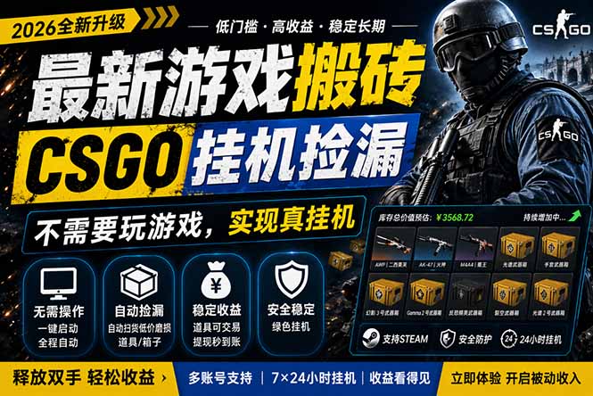 最新游戏搬砖，CSGO纯挂机，不需要玩游戏，实现真挂机，月入1W+，五一小高峰上车可吃肉，…-玻哥网络技术工作室