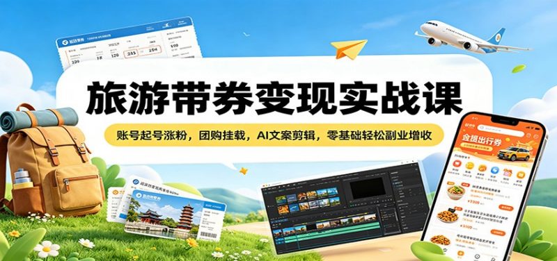 旅游带券变现实战课：账号起号涨粉，团购挂载，AI文案剪辑，零基础轻松副业增收-玻哥网络技术工作室