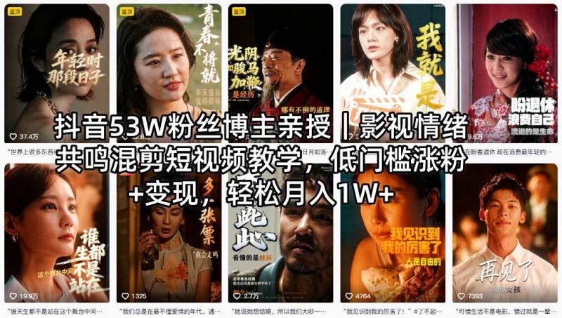 抖音53W粉丝博主亲授｜影视情绪共鸣混剪短视频教学，低门槛涨粉+变现，轻松月入1W+-玻哥网络技术工作室