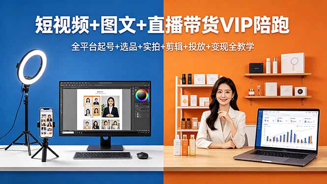 短视频+图文+直播带货VIP陪跑，全平台起号+选品+实拍+剪辑+投放+变现全教学-玻哥网络技术工作室