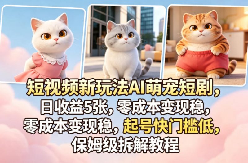 短视频新玩法AI萌宠短剧，日收益5张，零成本变现稳，起号快门槛低，保姆级拆解教程-玻哥网络技术工作室