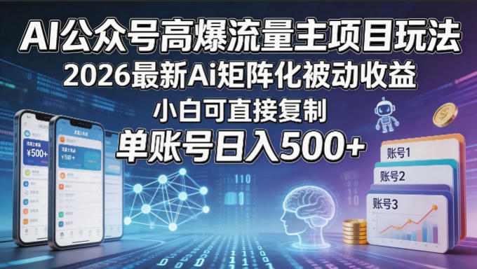 AI公众号高爆流量主项目玩法，2026最新Ai矩阵化被动收益，小白可直接复制，单账号日入500+-玻哥网络技术工作室