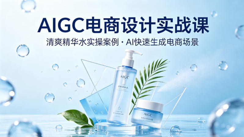 AIGC电商设计实战课，以清爽精华水为实操案例，教你用AI快速生成电商场景-玻哥网络技术工作室