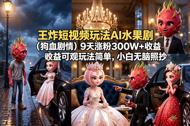 王炸短视频玩法AI水果剧(狗血剧情)9天涨粉300W+收益可观玩法简单，小白无脑照抄，详细拆解玩法-玻哥网络技术工作室