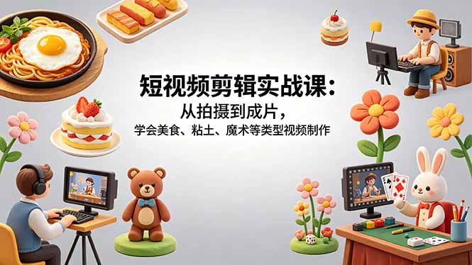 短视频剪辑实战课：从拍摄到成片，学会美食、粘土、魔术等类型视频制作-玻哥网络技术工作室
