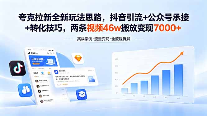 夸克拉新全新玩法思路，抖音引流+公众号承接+转化技巧，两条视频46w搬放 变现7000+-玻哥网络技术工作室