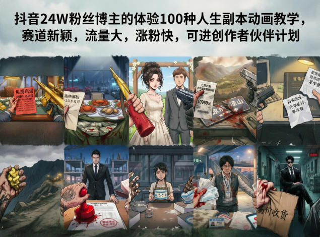 抖音24W粉丝博主的体验100种人生副本动画教学，赛道新颖，流量大，涨粉快，可进创作者伙伴计划-玻哥网络技术工作室