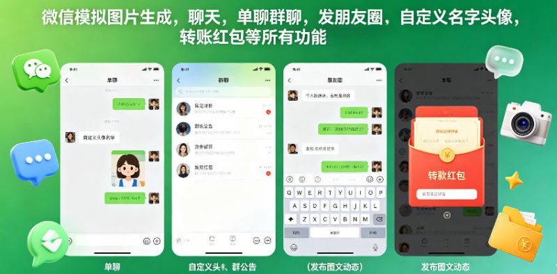 微信模拟图片生成，聊天，单聊群聊，发朋友圈，自定义名字头像，转账红包等所有功能都可以生成-玻哥网络技术工作室