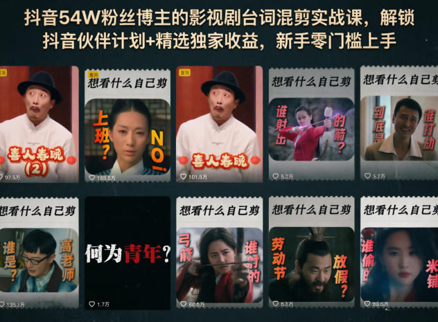 抖音54W粉丝博主的影视剧台词混剪实战课，解锁抖音伙伴计划+精选独家收益，新手零门槛上手-玻哥网络技术工作室