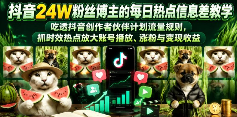 抖音24W粉丝博主的每日热点信息差教学，吃透创作者伙伴计划流量规则，抓时效热点放大账号播放、涨粉与变现收益-玻哥网络技术工作室