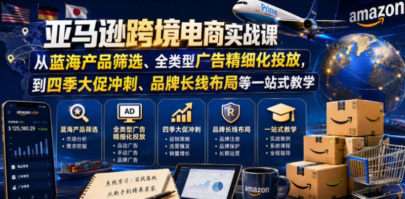 亚马逊跨境电商实战课，从蓝海产品筛选、全类型广告精细化投放，到四季大促冲刺、品牌长线布局等一站式教学-玻哥网络技术工作室