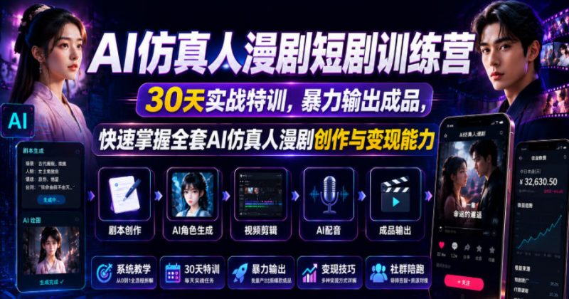 AI仿真人漫剧短剧训练营，30天实战特训，暴力输出成品，快速掌握全套AI仿真人漫剧创作与变现能力-玻哥网络技术工作室
