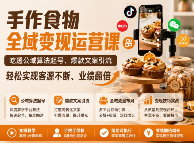 手作食物全域变现运营课，吃透公域算法起号、爆款文案引流，轻松实现客源不断、业绩翻倍-玻哥网络技术工作室