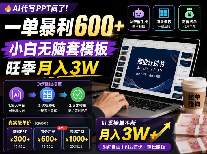 AI代写PPT疯了！一单暴利600+，小白无脑套模板，旺季月入3W，不用苦哈哈引流【揭秘】-玻哥网络技术工作室