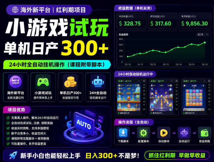 海外新平台，小游戏试玩，单机日产300+，24小时全自动挂G操作(课程附带脚本)【揭秘】-玻哥网络技术工作室
