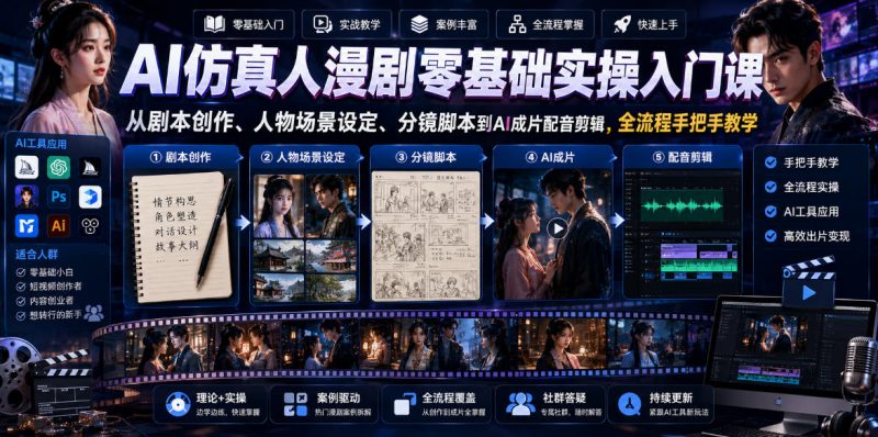 AI仿真人漫剧零基础实操入门课，从剧本创作、人物场景设定、分镜脚本到AI成片配音剪辑，全流程手把手教学-玻哥网络技术工作室