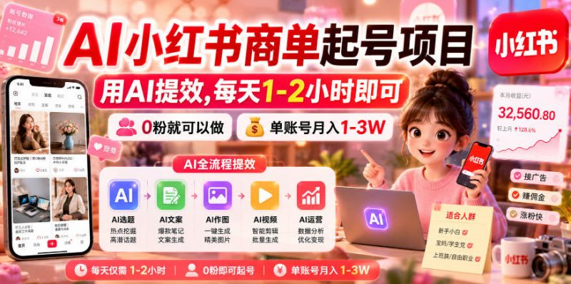 AI小红书商单起号项目，用AI提效,每天1-2小时即可，0粉就可以做，单账号月入1-3W-玻哥网络技术工作室