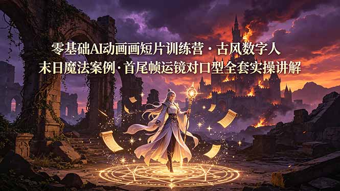 零基础AI动画短片训练营，古风数字人末日魔法案例，首尾帧运镜对口型全套实操讲解-玻哥网络技术工作室
