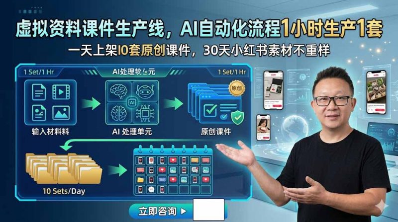 虚拟资料课件生产线，AI自动化流程1小时生产1套，一天上架10套原创课件，30天小红书素材不重样-玻哥网络技术工作室