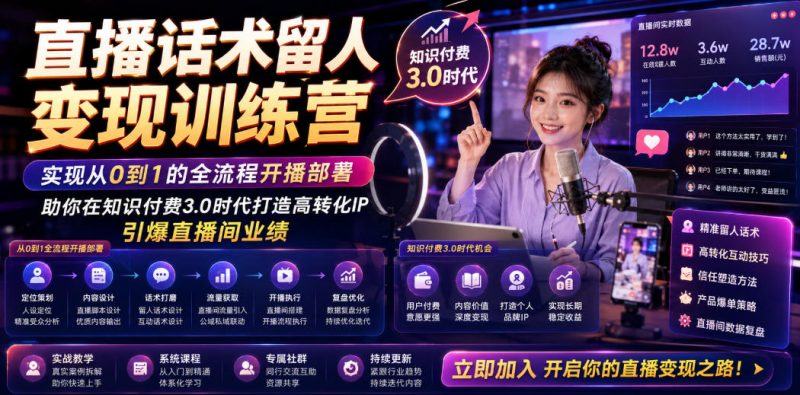 直播话术留人变现训练营，实现从0到1的全流程开播部署，助你在知识付费3.0时代打造高转化IP，引爆直播间业绩-玻哥网络技术工作室