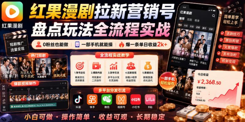 红果漫剧拉新营销号盘点玩法全流程实战，0粉丝也能做，一部手机就能做，爆一条单日收益2k+(更新0628)-玻哥网络技术工作室