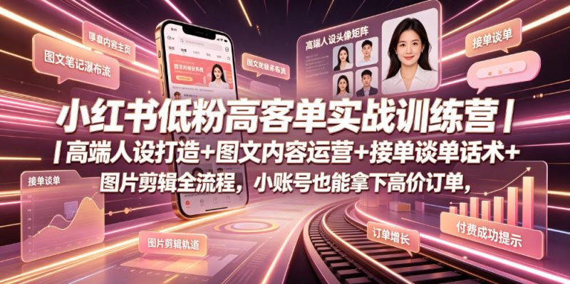 小红书低粉高客单实战训练营｜高端人设打造+图文内容运营+接单谈单话术+图片剪辑全流程，小账号也能拿下高价订单-玻哥网络技术工作室