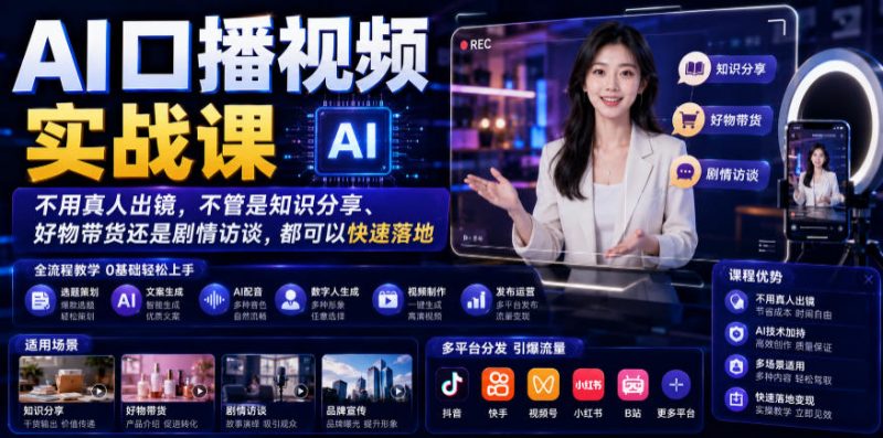 AI口播视频实战课,不用真人出镜,不管是知识分享、好物带货还是剧情访谈,都可以快速落地-玻哥网络技术工作室