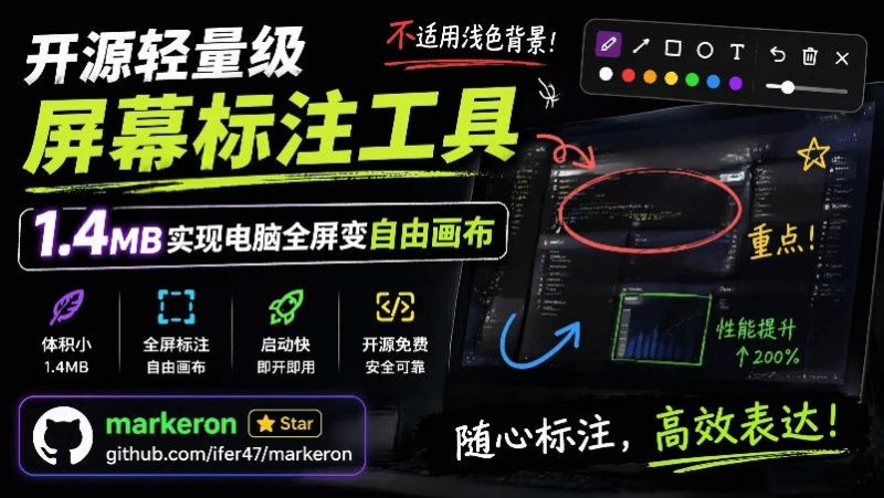 开源轻量级屏幕标注工具，1.4MB实现电脑全屏变自由画布！支持8种标注工具和全键盘操控MarkerOn-玻哥网络技术工作室