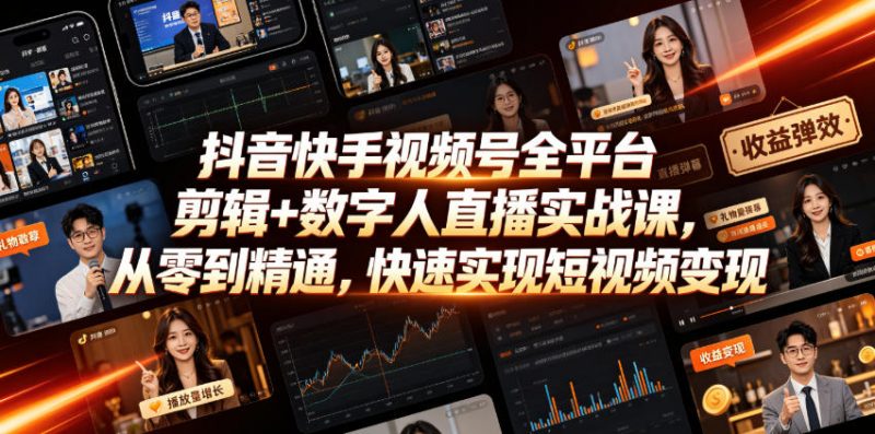 抖音快手视频号全平台剪辑+数字人直播实战课，从零到精通，快速实现短视频变现(更新2026年6月)​-玻哥网络技术工作室