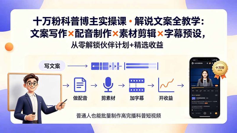 10万粉科普博主实操课-解说文案全教学：文案写作×配音制作×素材剪辑×字幕预设，从零解锁伙伴计划+精选收益-玻哥网络技术工作室