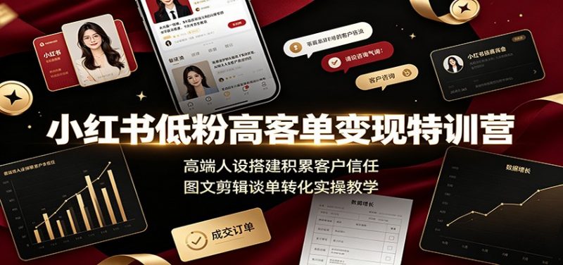 小红书低粉高客单变现特训营：高端人设搭建积累客户信任，图文剪辑谈单转化实操教学-玻哥网络技术工作室