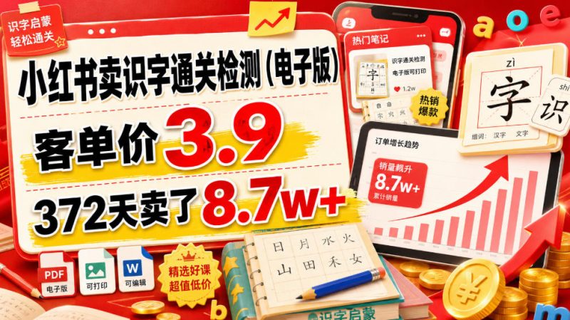 小红书卖识字通关检测(电子版)，客单价3.9，372天卖了8.7w+-玻哥网络技术工作室