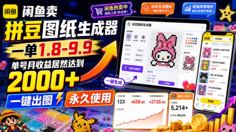 闲鱼卖拼豆图纸生成器，一单1.8-9.9，单号月收益居然达到2000+一键出图永久使用-玻哥网络技术工作室
