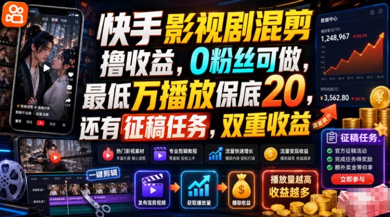 快手影视剧混剪撸收益，0粉丝可做，最低万播放保底20，还有征稿任务，双重收益-玻哥网络技术工作室
