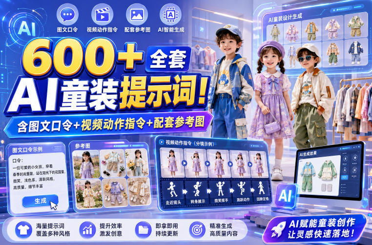 600+全套AI童装提示词！含图文口令+视频动作指令+配套参考图，Word-Excel规整分类，童装电商、种草无脑量产内容！-玻哥网络技术工作室