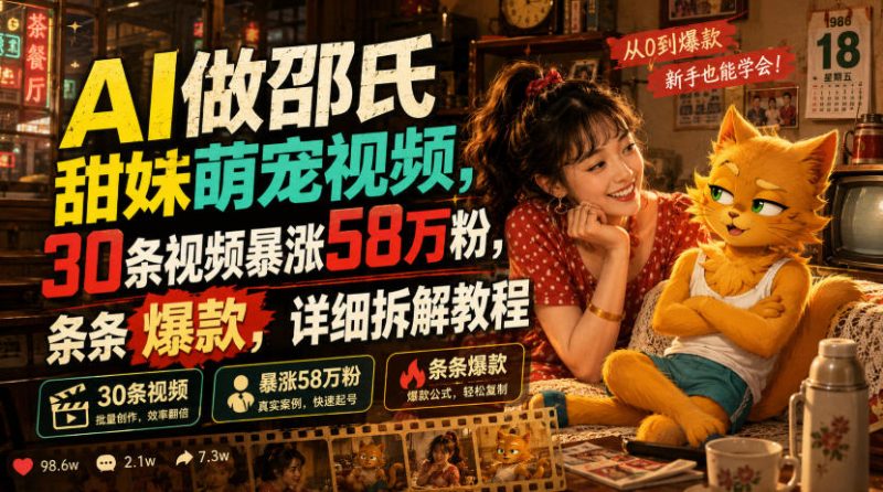 AI做邵氏甜妹萌宠视频，30条视频暴涨58万粉，条条爆款，详细拆解教程-玻哥网络技术工作室