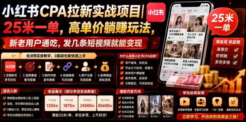 小红书CPA拉新实战项目｜25米一单，高单价躺賺玩法，新老用户通吃，发几条短视频就能变现(更新0711)-玻哥网络技术工作室