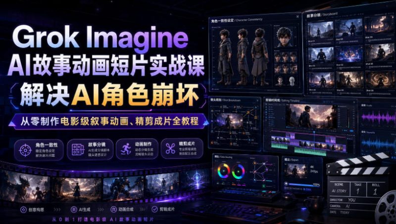 Grok Imagine AI故事动画短片实战课｜解决AI角色崩坏，从零制作电影级叙事动画、精剪成片全教程(中英字幕)-玻哥网络技术工作室