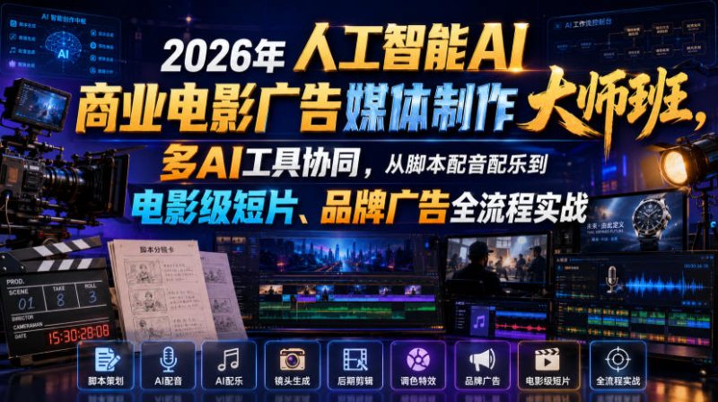 2026年人工智能AI商业电影广告媒体制作大师班，多AI工具协同，从脚本配音配乐到电影级短片、品牌广告全流程实战(中英字幕)-玻哥网络技术工作室