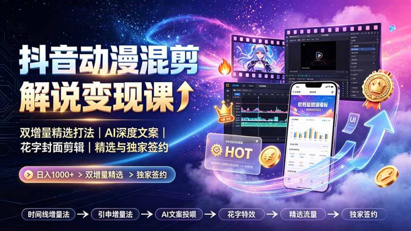 抖音动漫混剪解说变现课：双增量精选打法｜AI深度文案｜花字封面剪辑｜ 精选与独家签约日入1000+-玻哥网络技术工作室