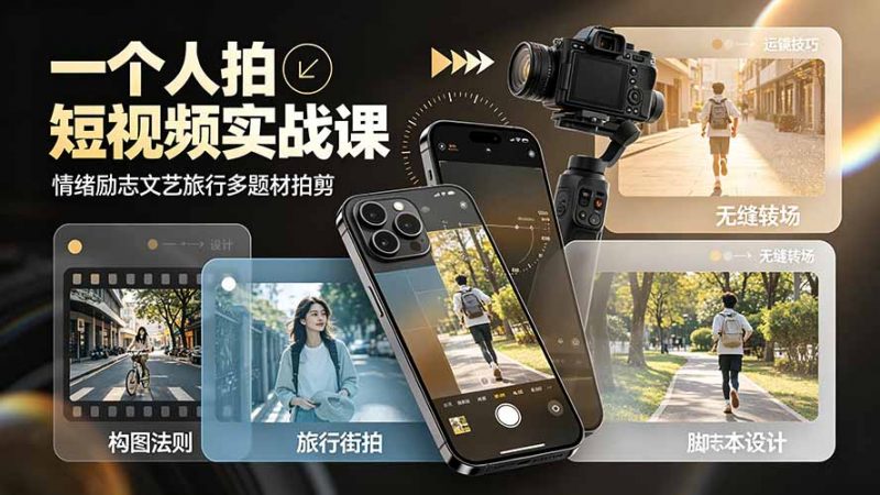 一个人拍短视频实战课：情绪励志文艺旅行多题材×五大景别×黄金构图×八大运镜，从拍摄到成片高效创作-玻哥网络技术工作室