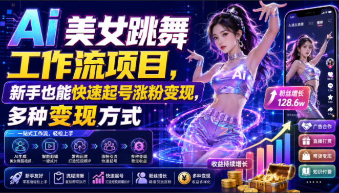 Ai美女跳舞工作流项目，新手也能快速起号涨粉变现，多种变现方式-玻哥网络技术工作室